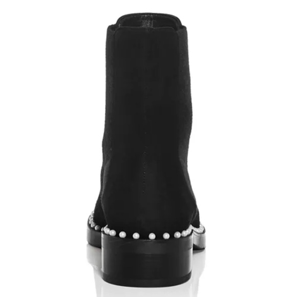 NEW Stuart Weitzman Cline Pearl Embellished Suede Low Heel Bootie Boot Black - Picture 3 of 10